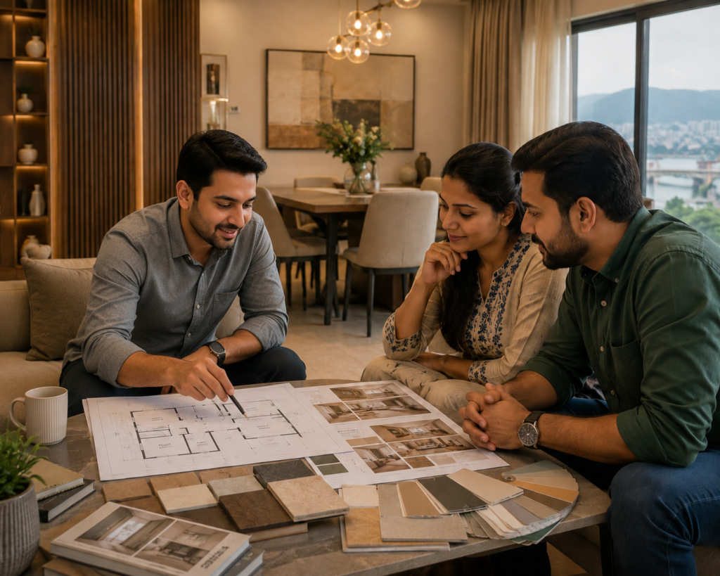 Interior Designer in Guwahati: The Complete Guide to Designing Beautiful Homes & Commercial Spaces 11 Interior designer discussing home renovation plans with homeowners in Guwahati