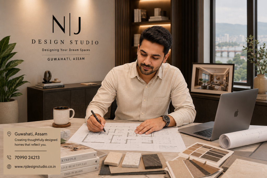 Interior Designer in Guwahati: The Complete Guide to Designing Beautiful Homes & Commercial Spaces 2 Interior designer reviewing home layout plans for a modern residence in Guwahati