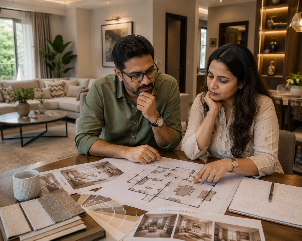 Interior Designer in Guwahati: The Complete Guide to Designing Beautiful Homes & Commercial Spaces 12 Homeowner reviewing interior design plans before renovation