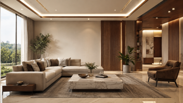 Modern luxury living room designed by an interior design company in Guwahati featuring contemporary furniture, elegant lighting, and premium wooden finishes.