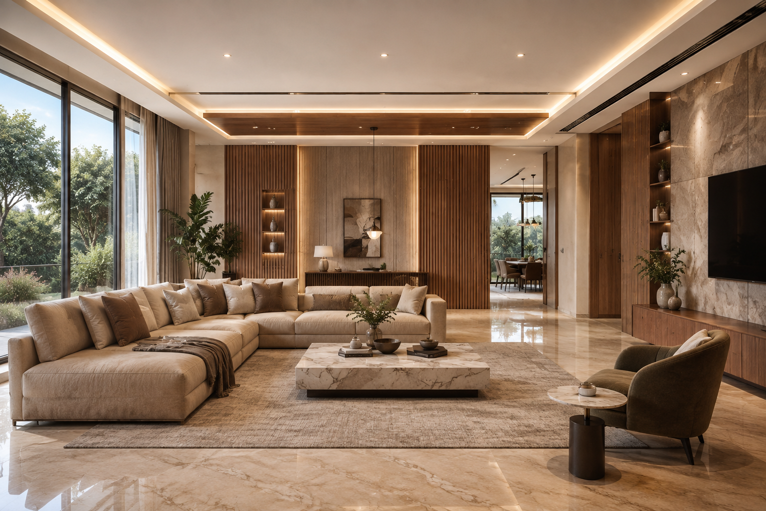 Luxury residential interior designed by a professional Home Interior Designer in Guwahati featuring custom furniture, elegant lighting, warm wooden finishes, and modern décor.